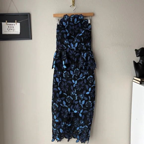 ELLIATT Dress Times Strapless Peplum Midi Dress Black Blue Lace Floral Size S ELLIATT Dress Times Strapless Peplum Midi Dress Black Blue Lace Floral Size S